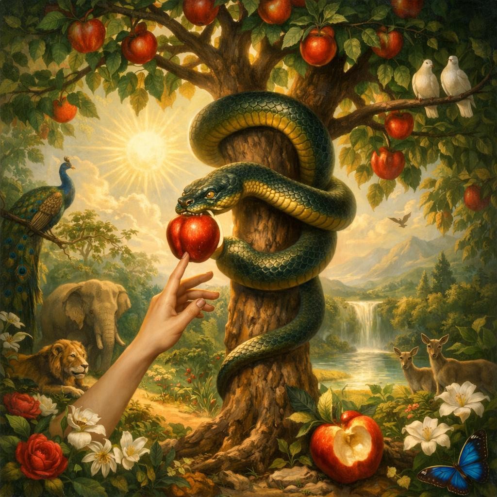 Snake coiled on apple tree holding red apple near a human hand in a garden with animals and flowers
