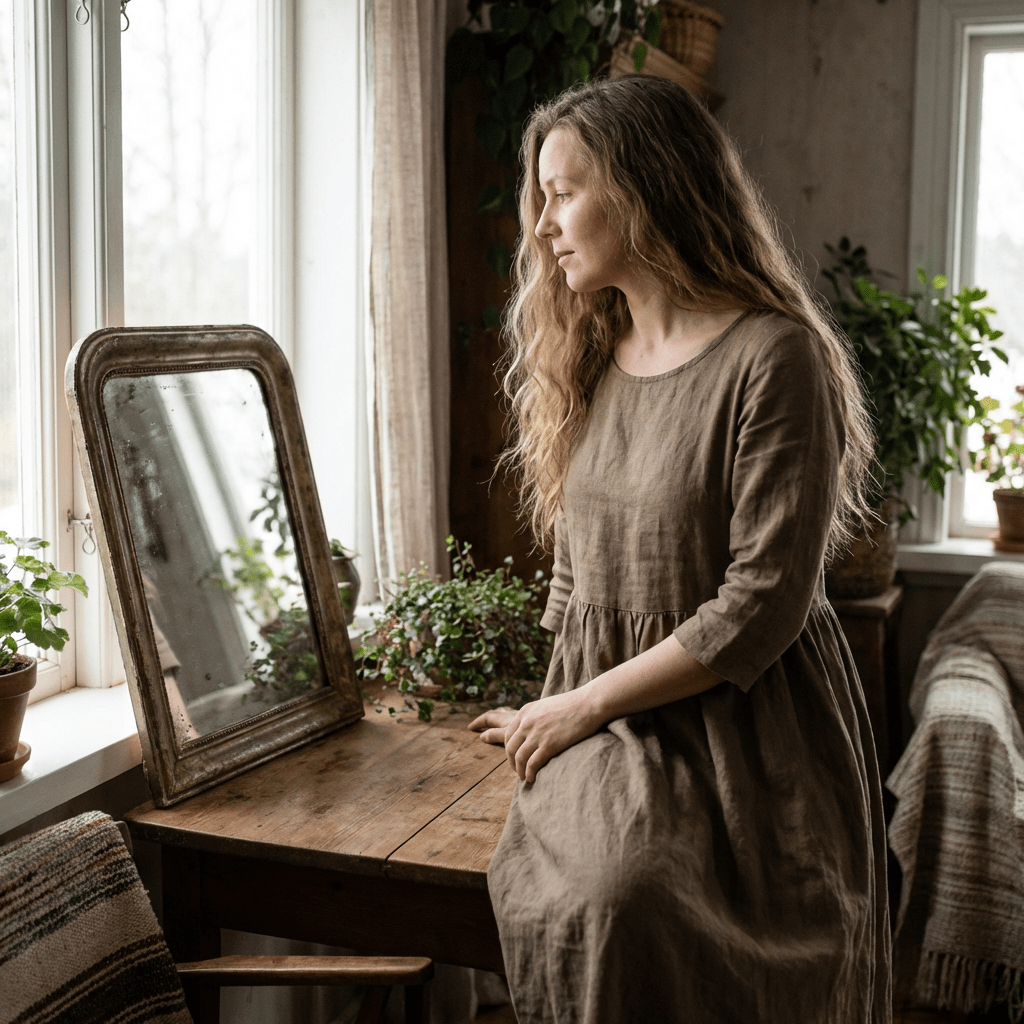 Eve before mirror, soft natural light