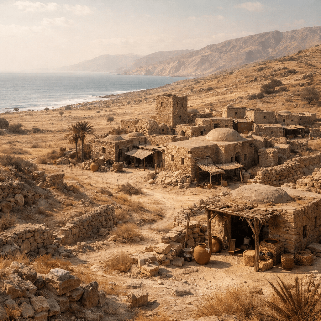Stone ruins of an ancient village by the coastline with dry vegetation