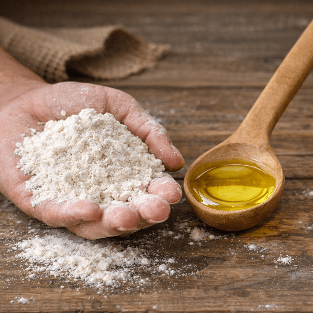 Hand holding flour with a glass bottle of olive oil with cork stopper
