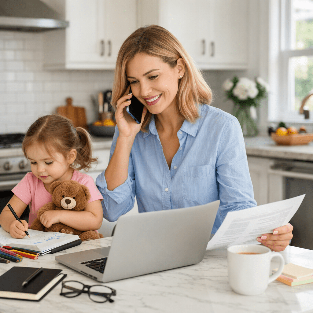 Woman on phone working on laptop with young girl drawing and holding teddy bear