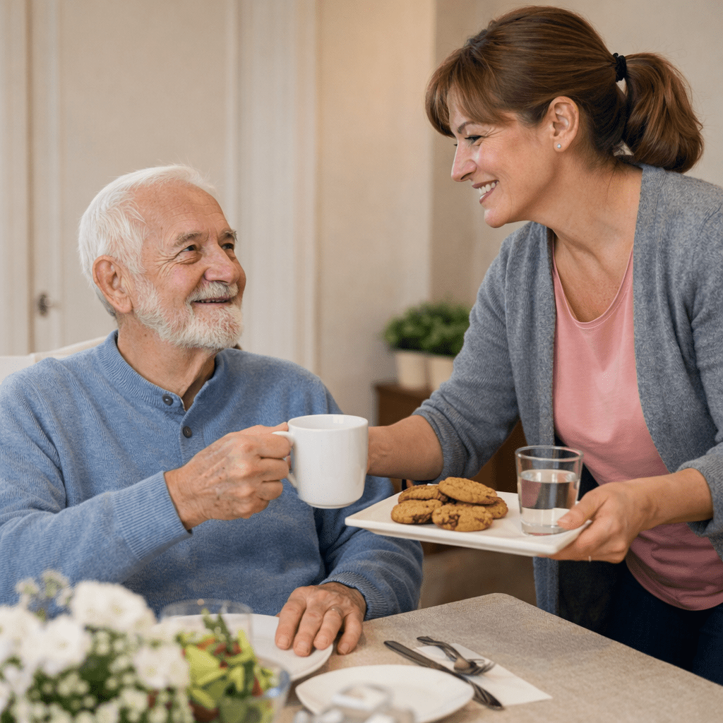 Elderly man receiving tea and cookies from a smiling woman