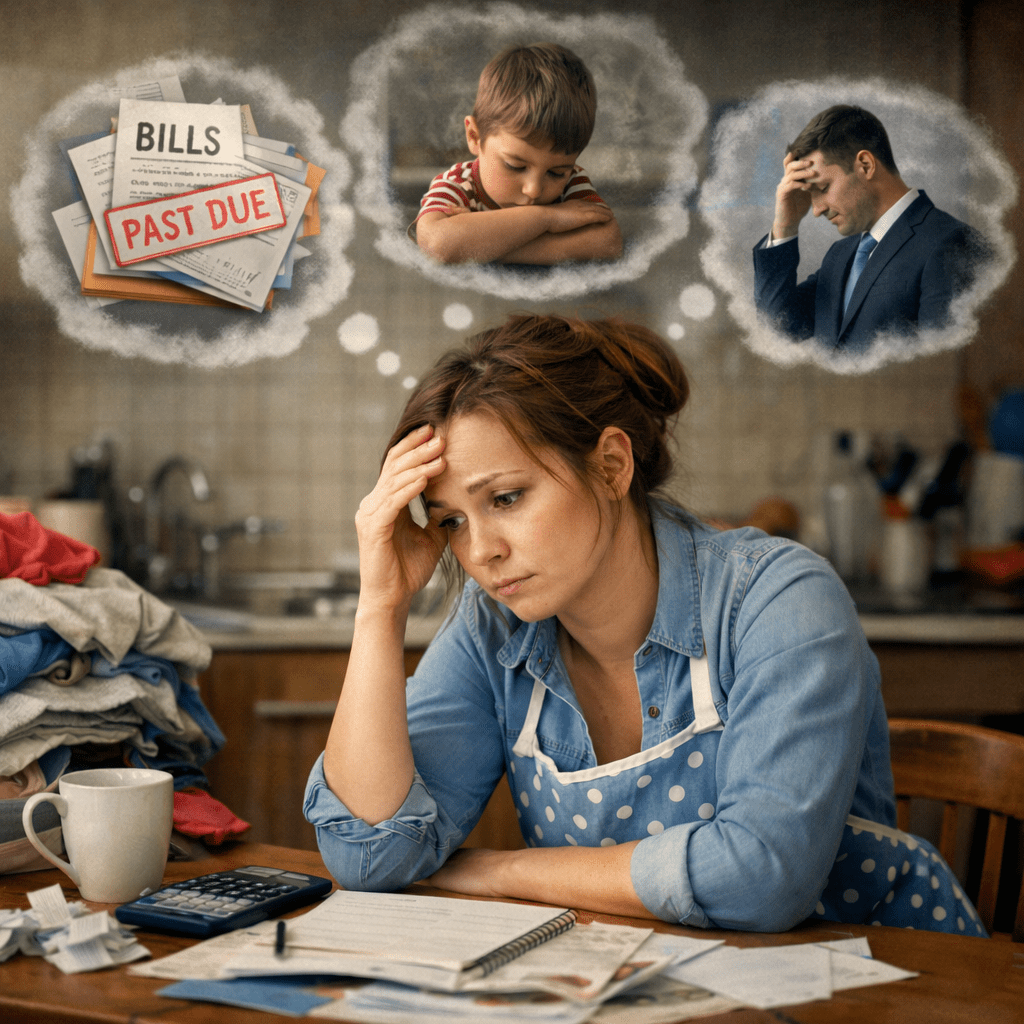 Woman sitting at table looking stressed with thoughts of bills, arguing man, and breakup