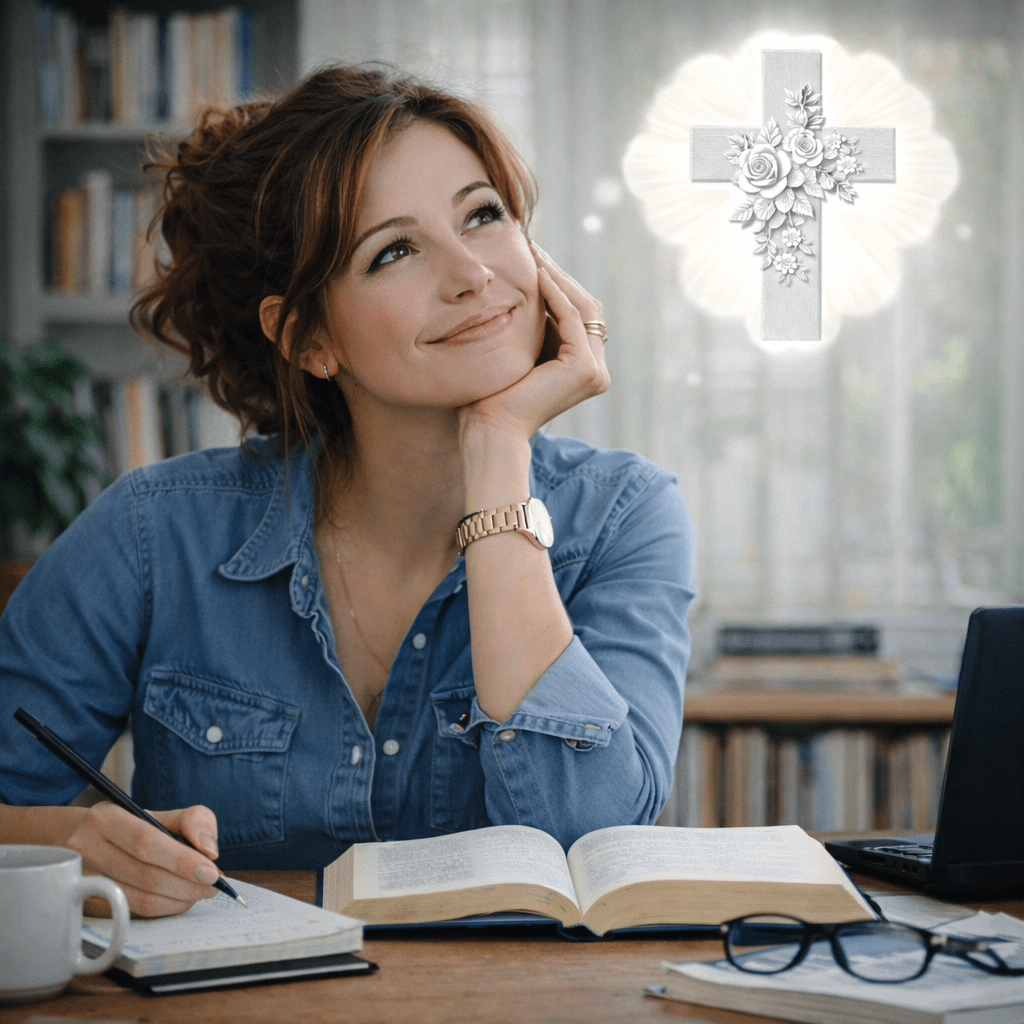 Woman studying Bible with contemplative expression and vision of Jesus Christ