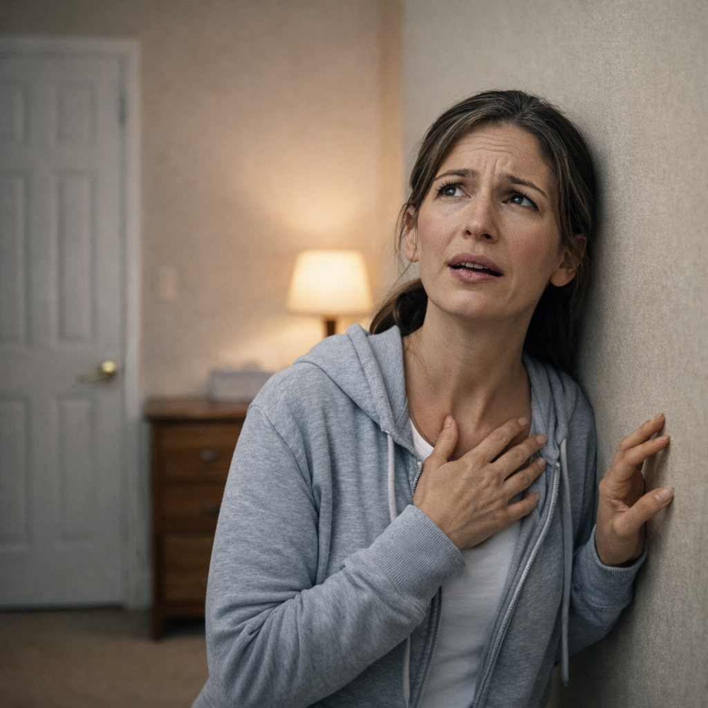 Biblical woman fearfully staring up staircase