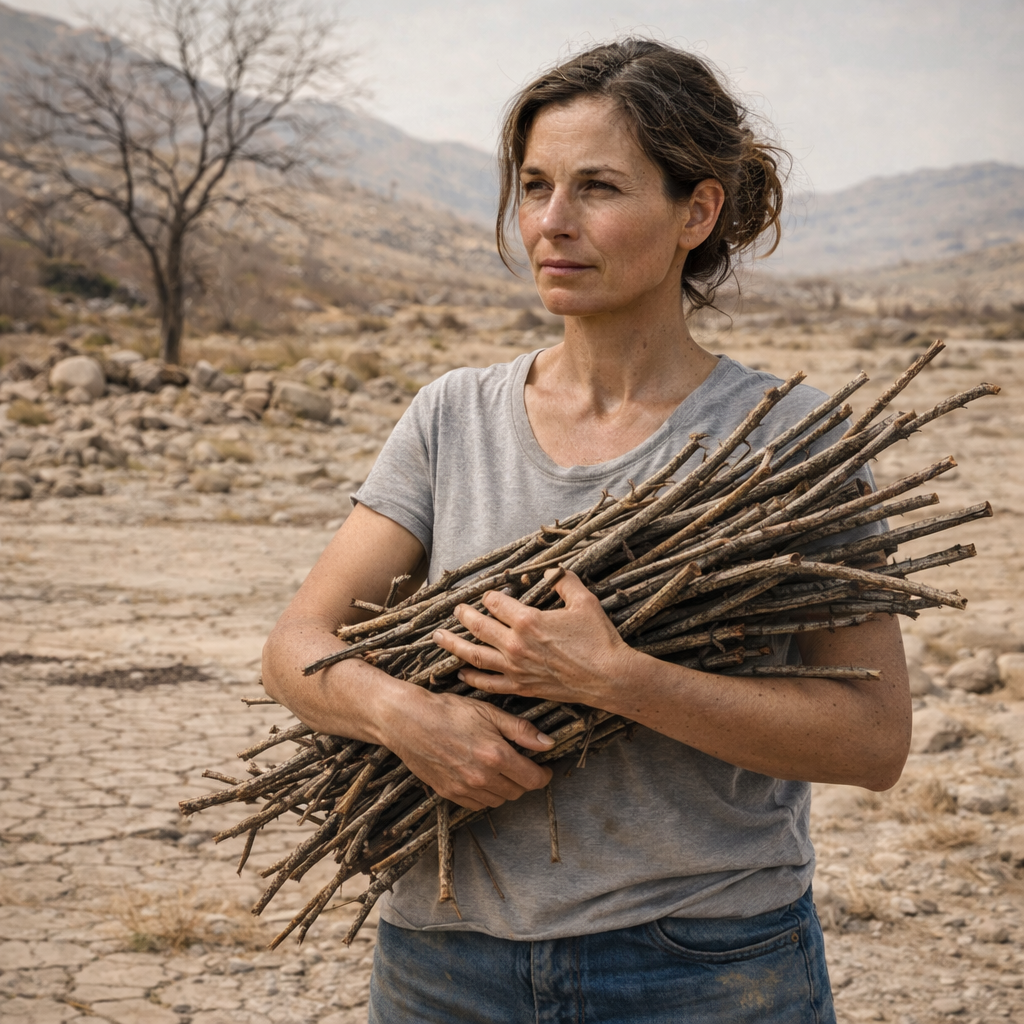 Woman carrying bundle of dry sticks in cracked, dry landscape