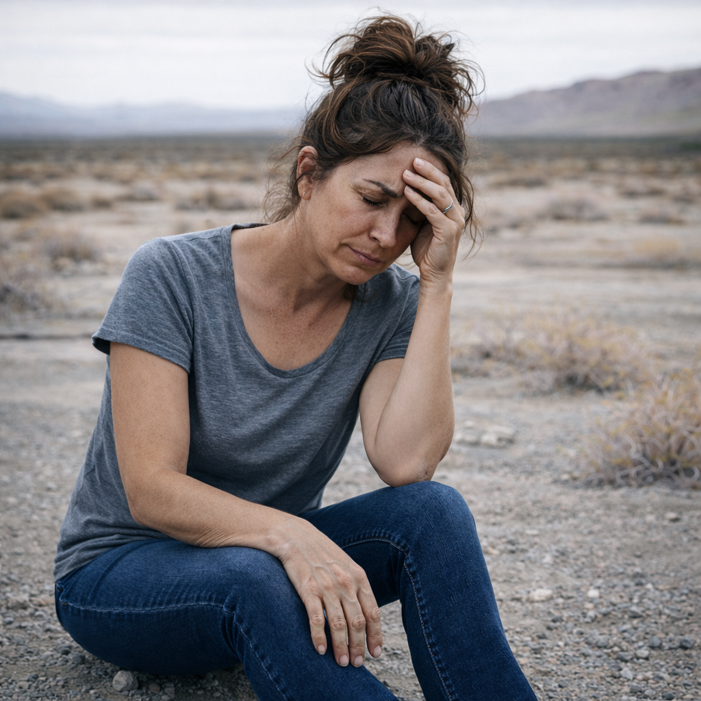 Woman in tattered clothing sitting on cracked dry earth holding empty clay pot in barren landscape