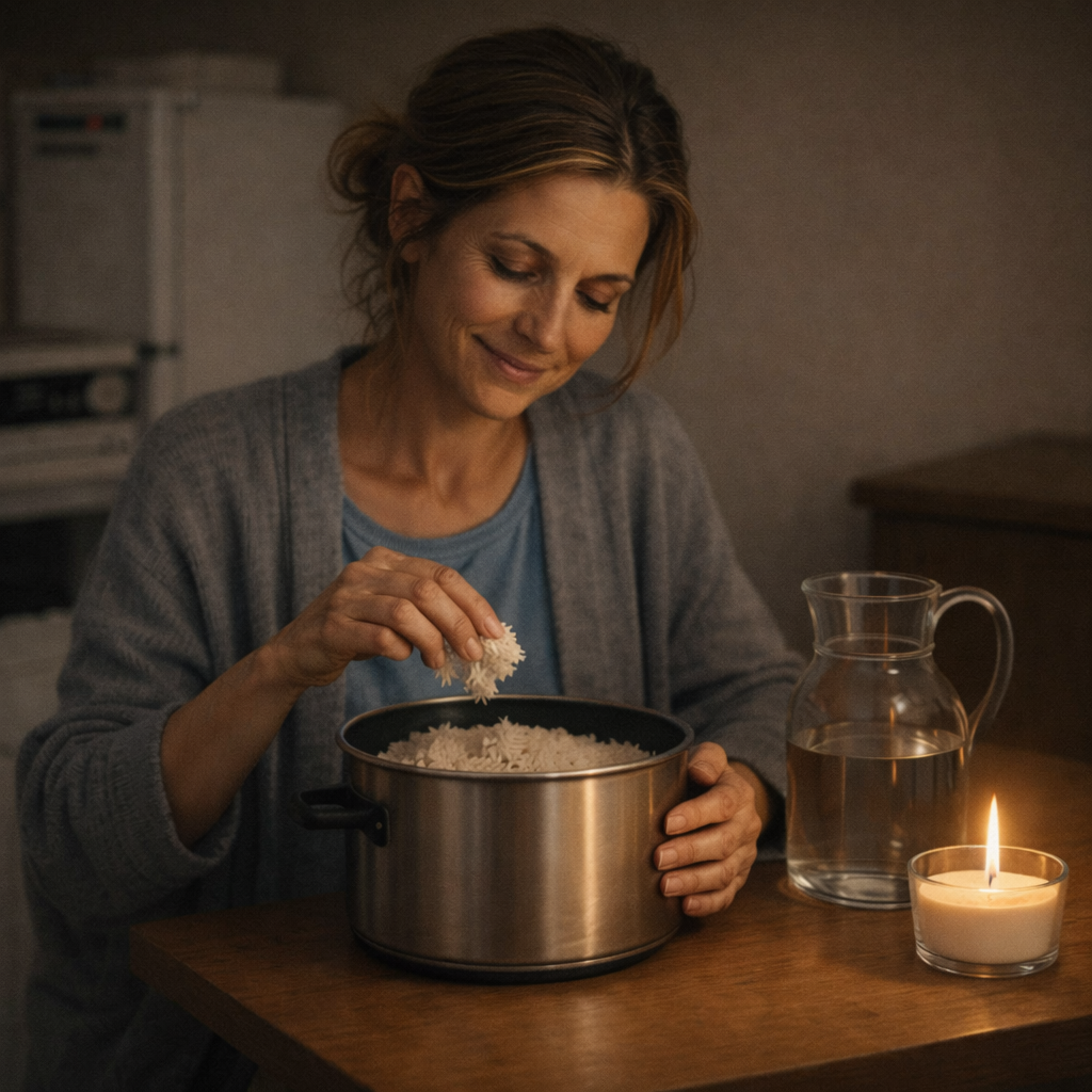 Elderly woman lifting cloth from clay pot with flour, next to oil lamp and jug