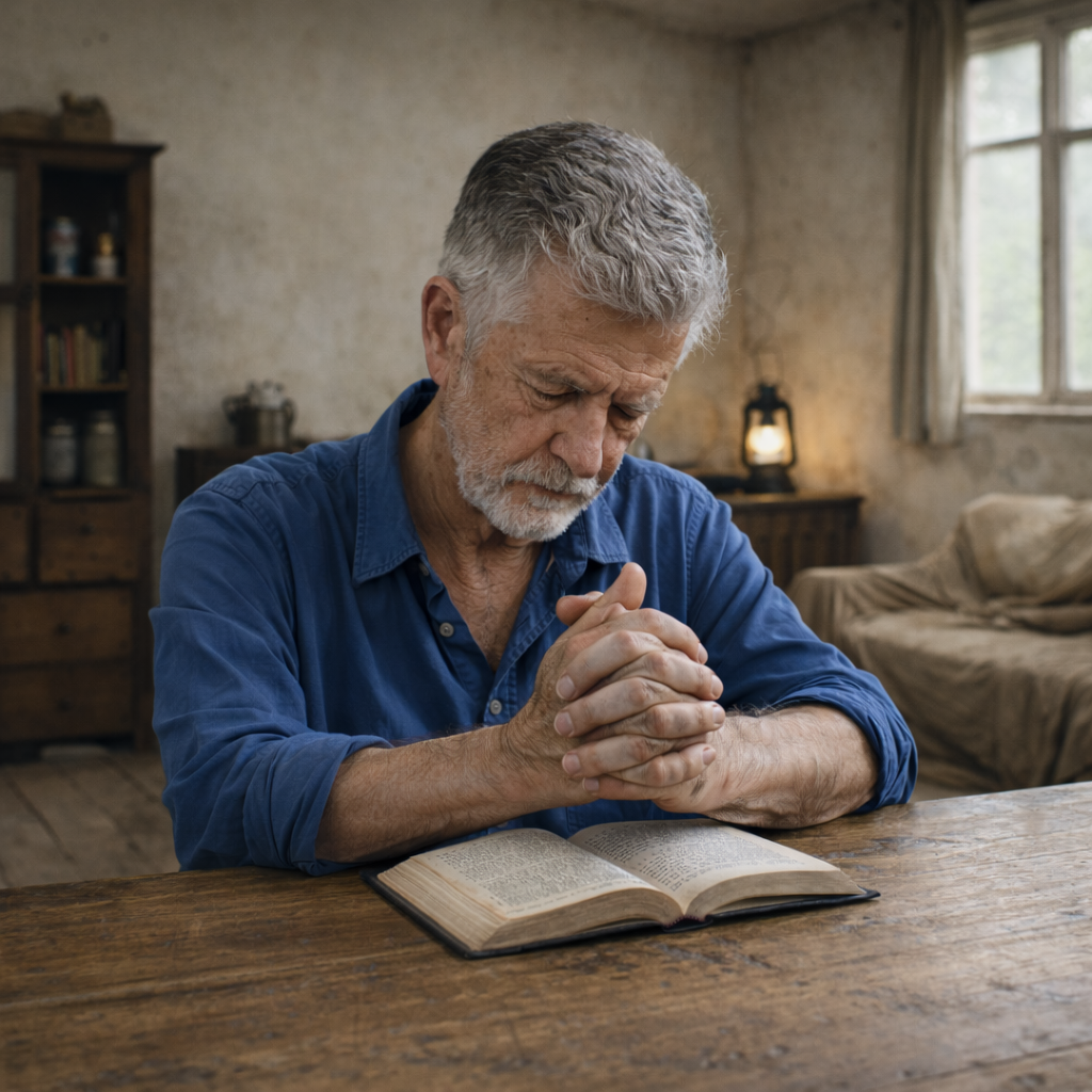 Elderly man kneeling in prayer with hands raised as child sleeps on bed in rustic room