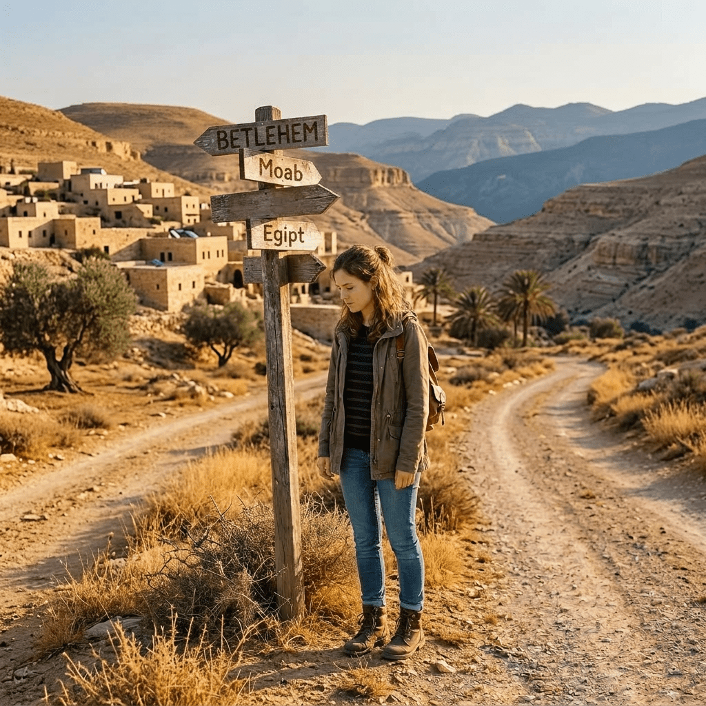 Young woman looking down near wooden signpost at fork in country road
