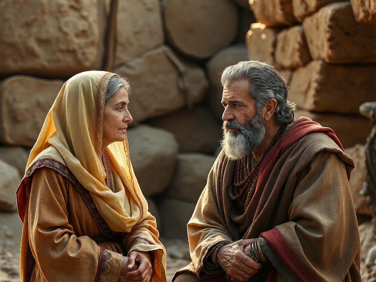 Elderly man and woman in ancient-style clothing conversing against stone wall