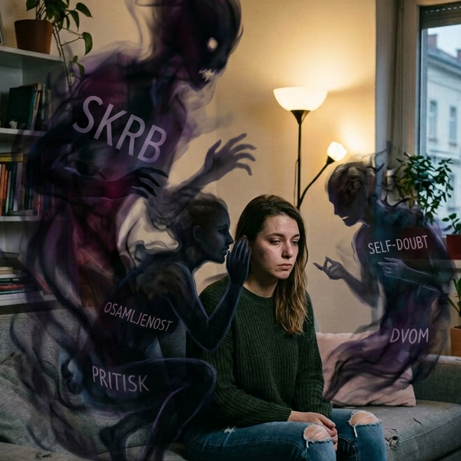 Woman sitting on couch surrounded by shadowy figures labeled with words like self-doubt and loneliness