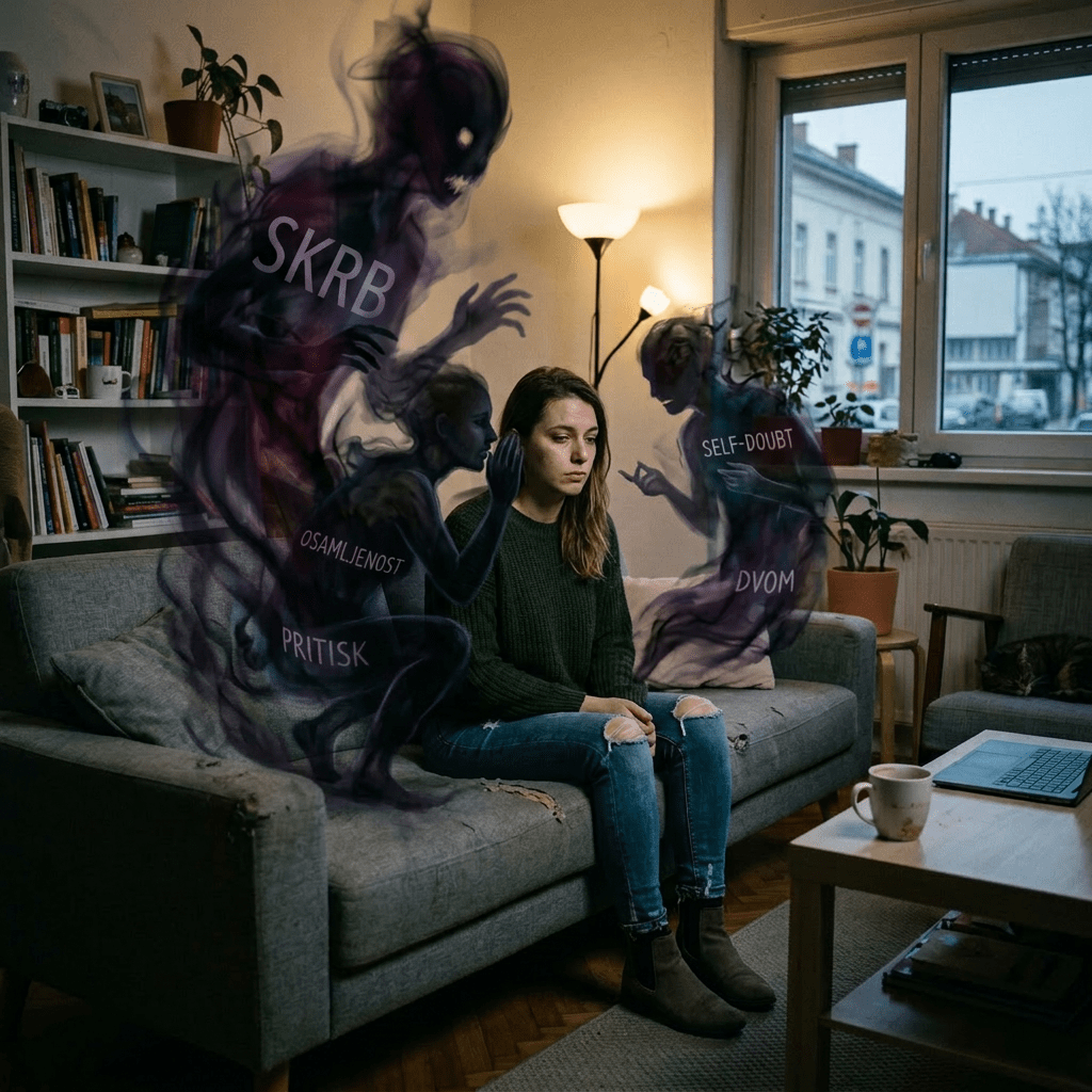 Woman sitting on couch surrounded by shadowy figures labeled with words like self-doubt and loneliness