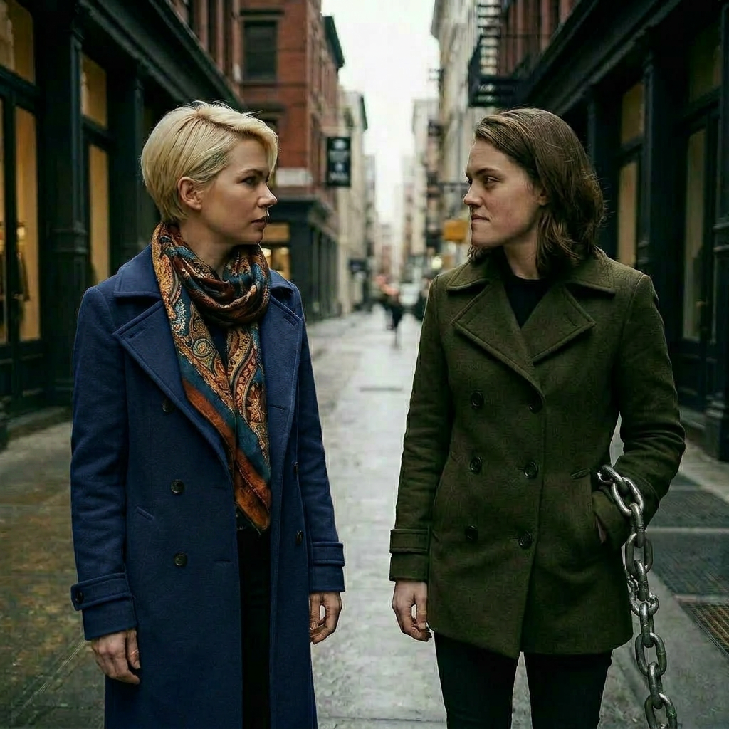 Woman in green jacket walking on rainy city sidewalk surrounded by pedestrians