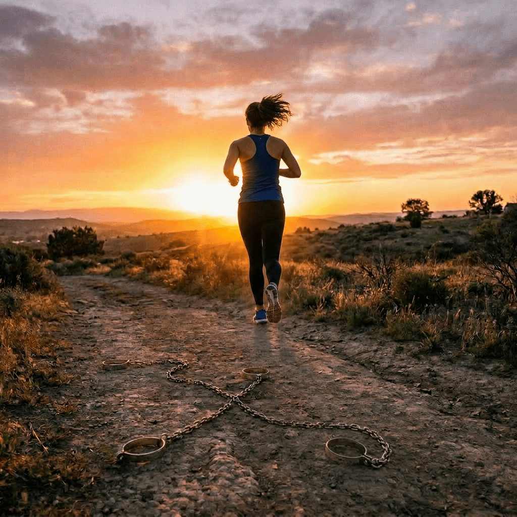 Woman larger, running on path toward sunrise