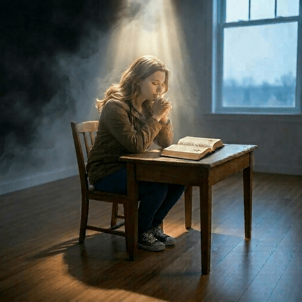 Woman in green jacket lying on urban sidewalk at night with dark smoke behind her