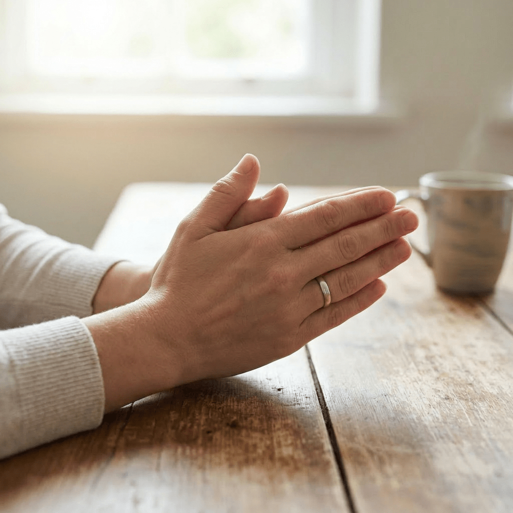 Elderly hands clasped together on wooden table with coffee cup.