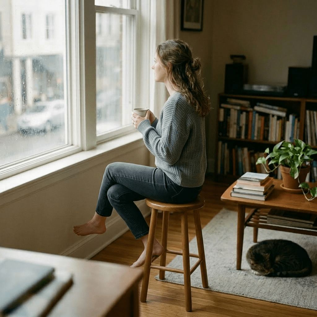 Woman sitting on a chair by a window holding a mug, looking outside on a rainy day