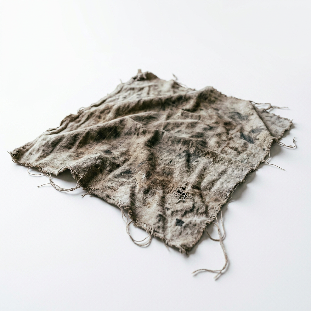 Old, stained, frayed cloth on wooden table near window