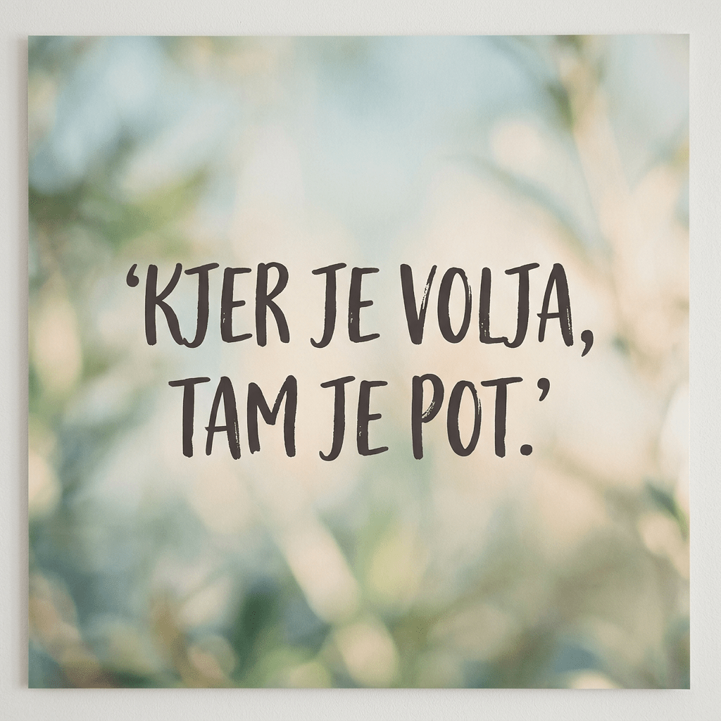 Slovenian quote 'Kjer je volja, tam je pot' on a soft, blurred nature background