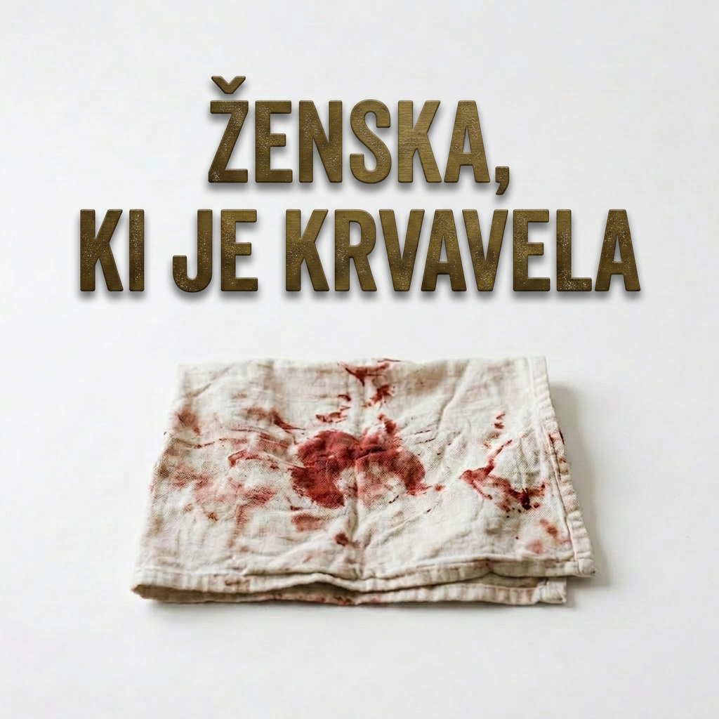 Elderly woman holding bloodstained cloth looking down thoughtfully