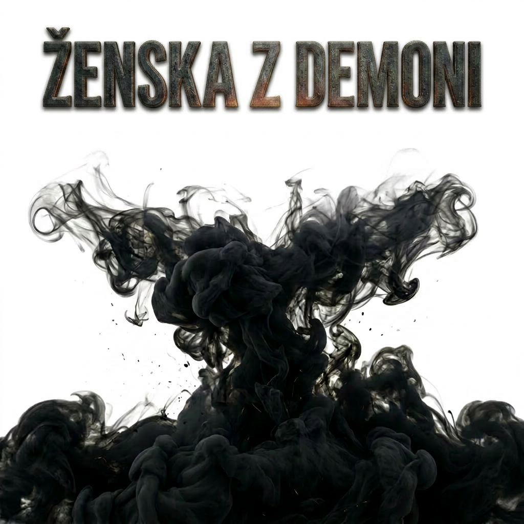 Woman in dark green dress with black lace sleeves surrounded by five demonic spirits with red eyes and horns near old stone ruins