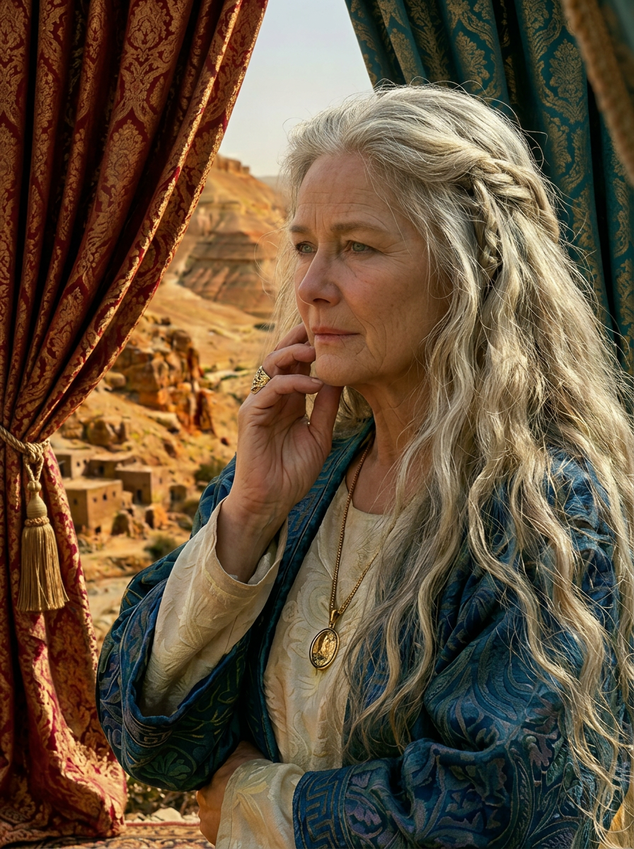 A woman in a dark coat and scarf standing on a rocky hillside looking pensively at a lake valley under a cloudy sky