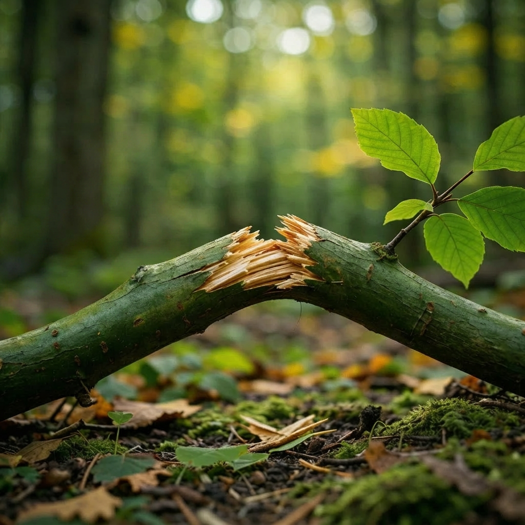Close-up of a green tree branch broken in two with leaves on either side