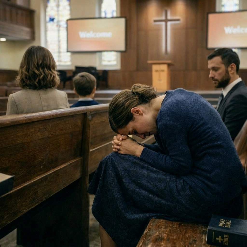 Turn red-scarf woman and child backs facing viewer
