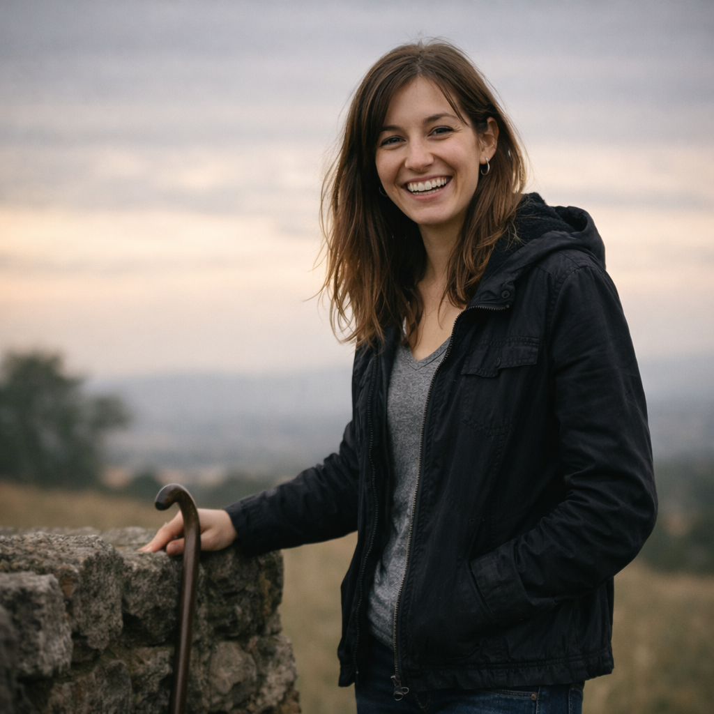 Young woman with brown hair wearing a black jacket looking down outdoors at dusk