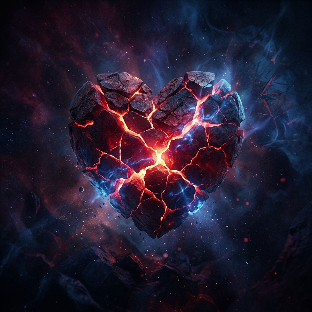 Heart-shaped cracked rock glowing with molten lava inside