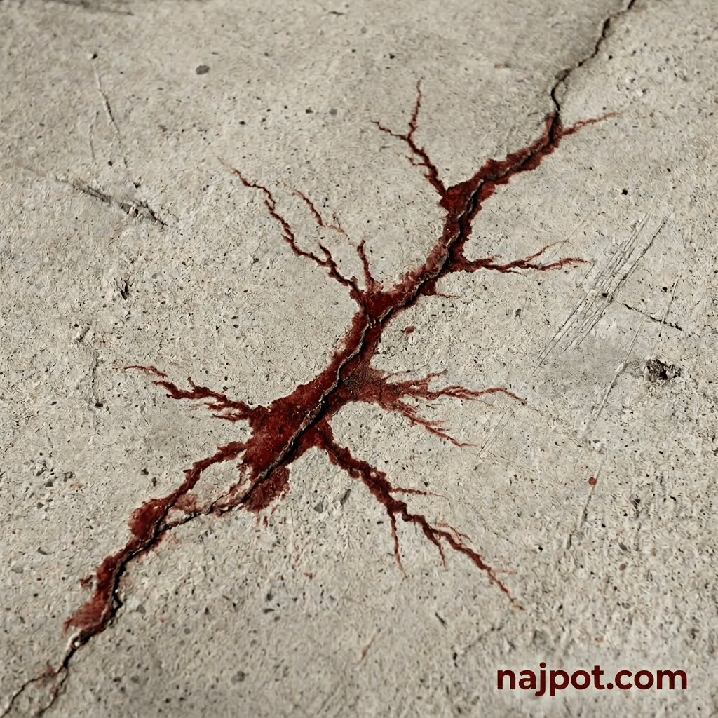 Close-up of a concrete crack with spreading rust stains
