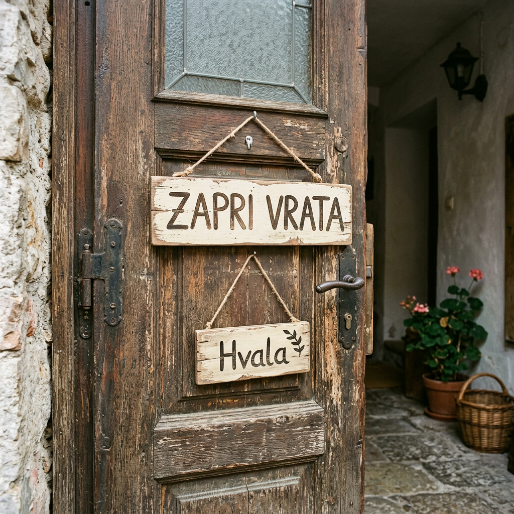 Old wooden door with signs reading 'ZAPRI VRATA' and 'Hvala' hanging on it