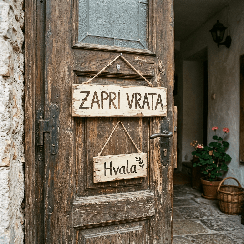 Old wooden door with signs reading 'ZAPRI VRATA' and 'Hvala' hanging on it