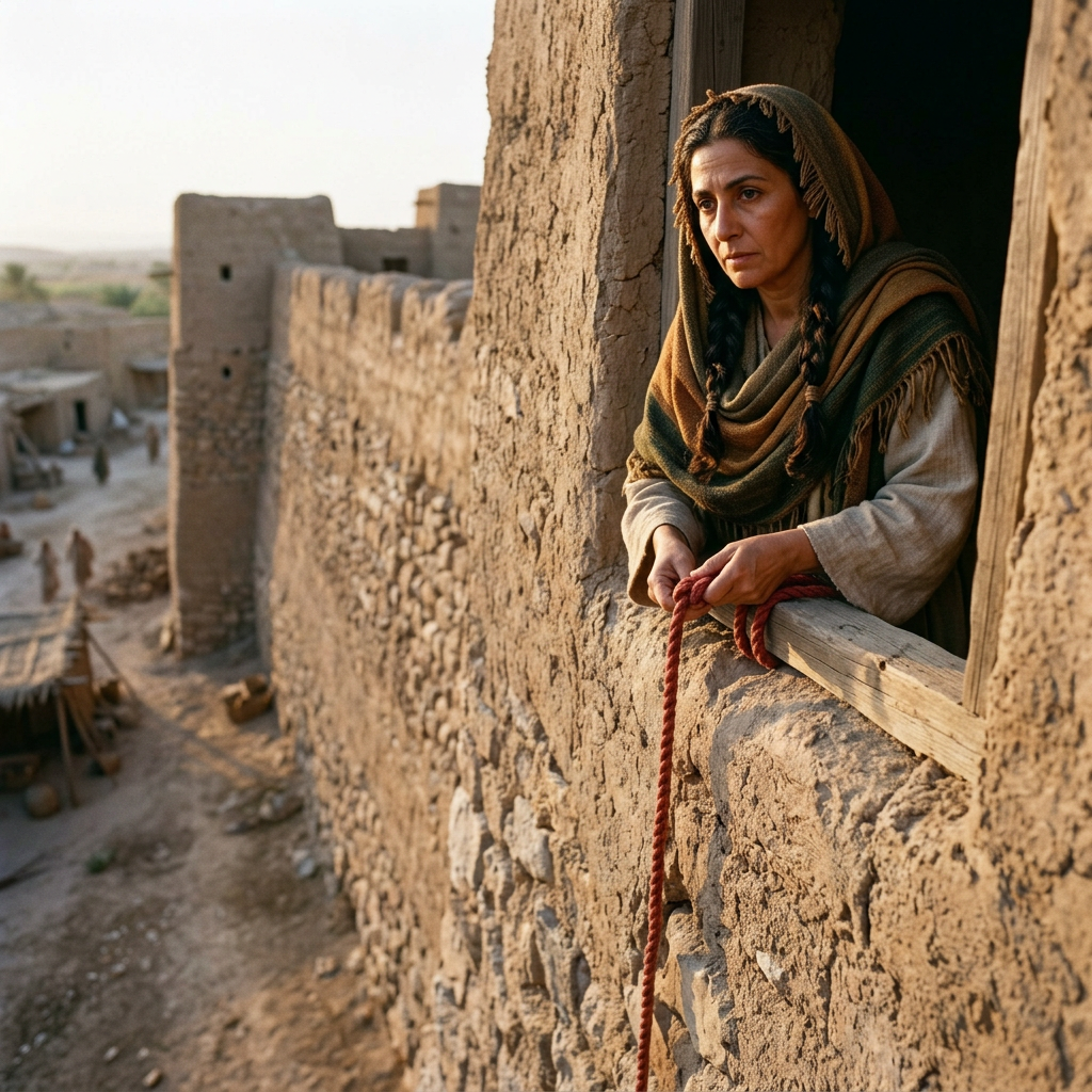 Woman in traditional shawl holding a red rope, looking out of a window in an earthen building