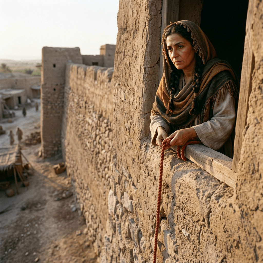 Woman in traditional shawl holding a red rope, looking out of a window in an earthen building