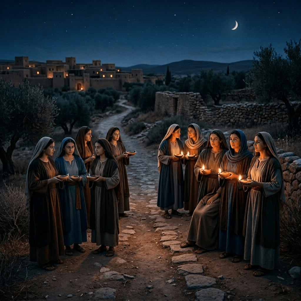 Group of women in traditional robes holding lit lamps outdoors at night on a stone path