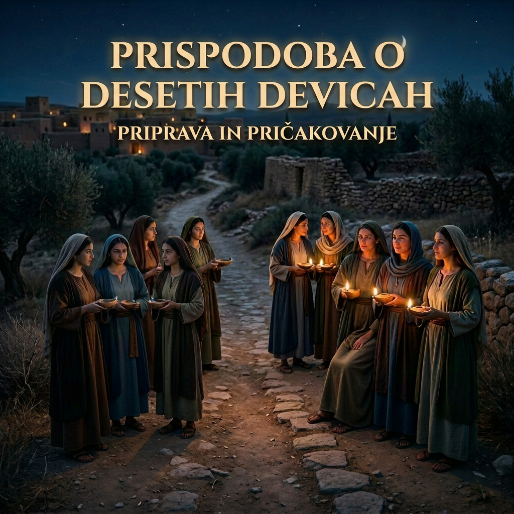 Ten women in traditional clothing holding lit lamps at night on a stone path