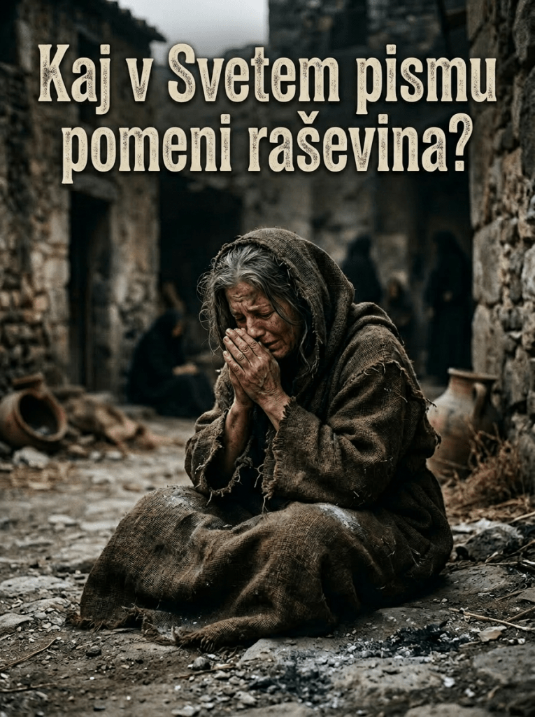 Woman in torn sackcloth sitting on dirt ground, crying and praying