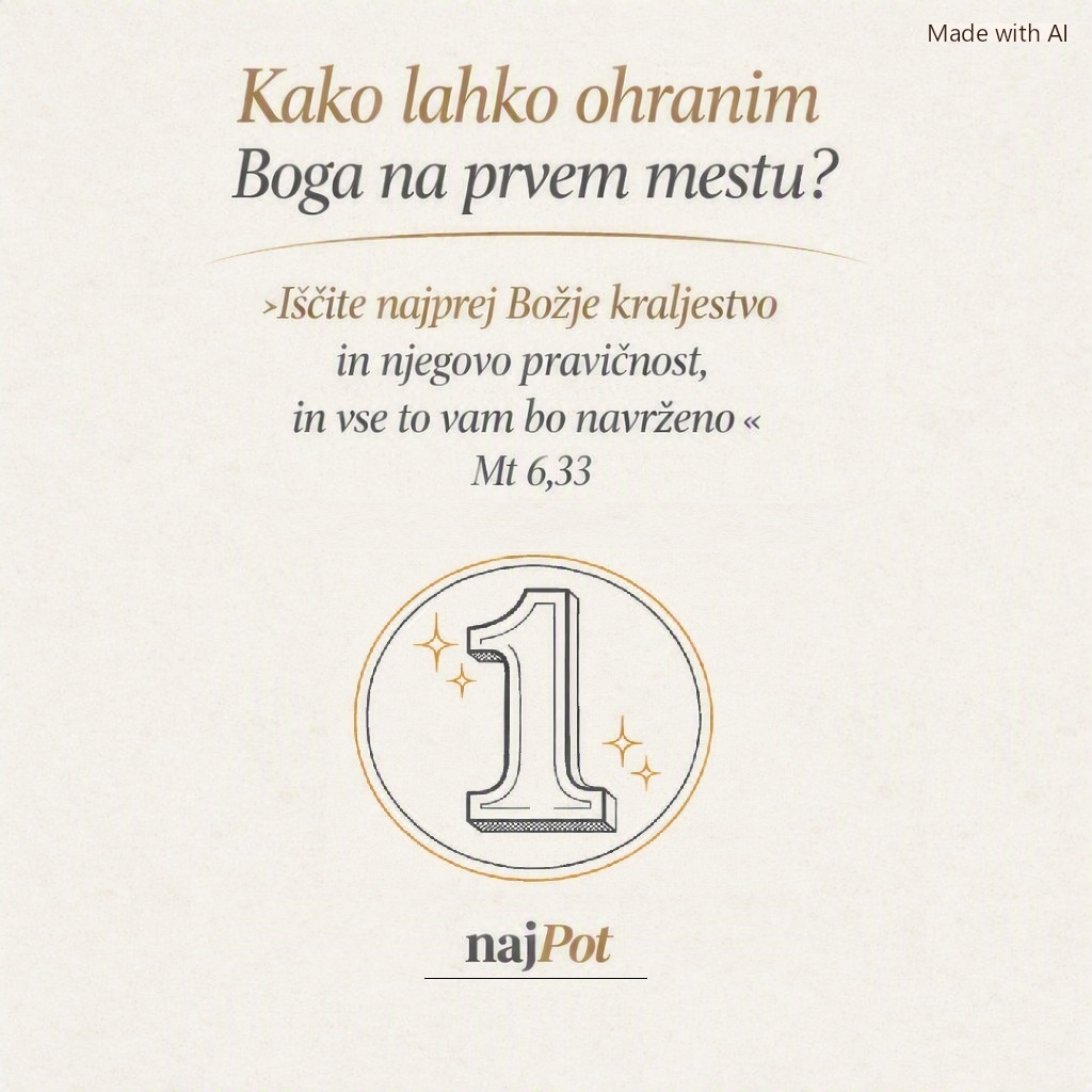 Slika vsebuje besedilo 'Kako lahko ohranim Boga na prvem mestu?' z navedkom iz Mt 6,33. V ospredju je številka 1 z okrasnimi elementi.