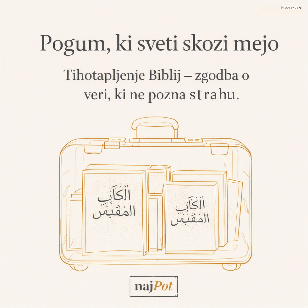 Ilustracija potovalne torbe, ki vsebuje knjige z arabskimi napisi, z naslovom 'Pogum, ki sveti skozi mejo'.