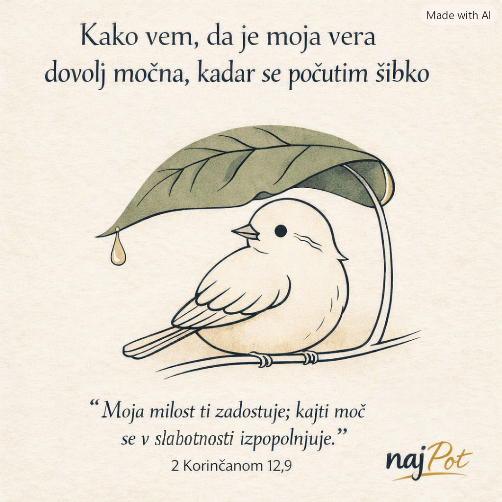 Umetniška ilustracija ptice, ki sedi pod listom, z motivacijskim citatom o veri in močeh v šibkosti.