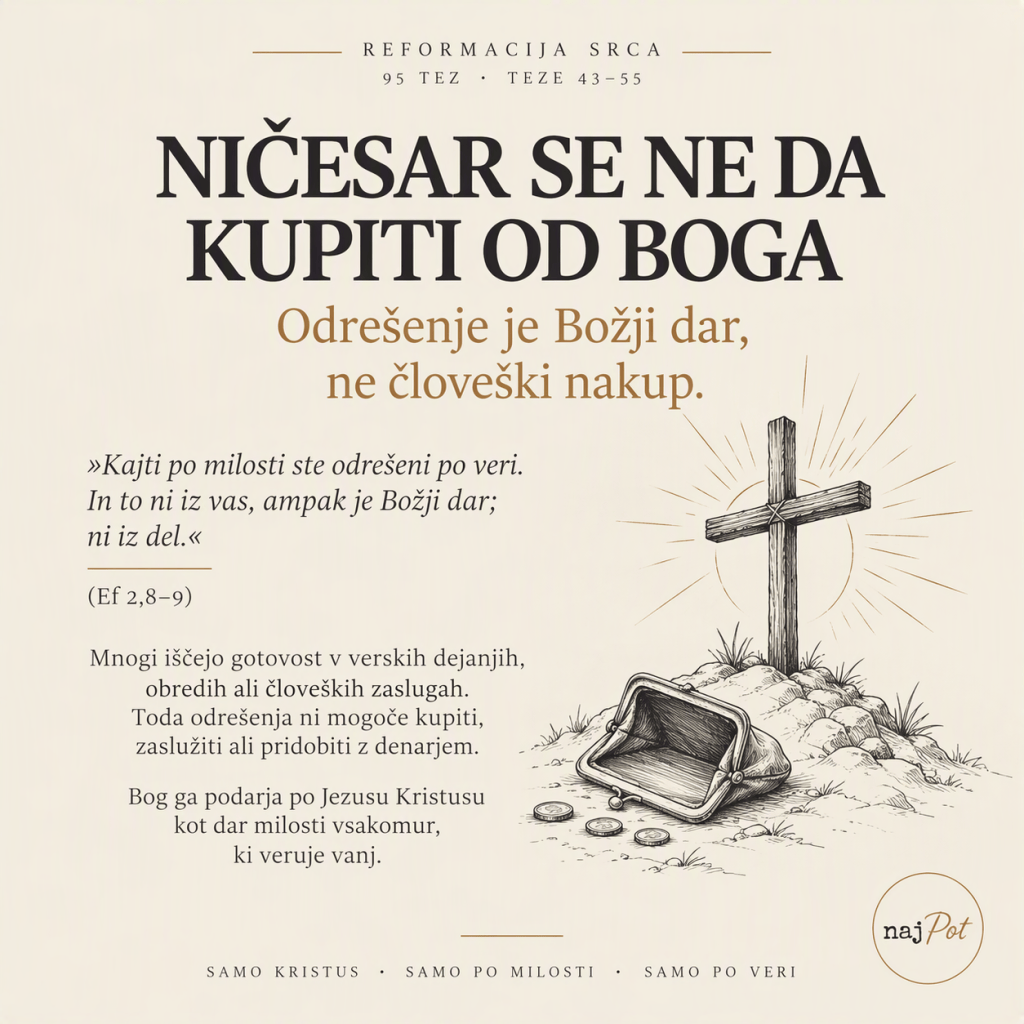 Plakat z besedilom o odrešenju kot Božjem daru, s križem in prazno denarnico.