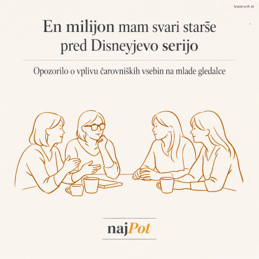 Ilustracija štirih žensk, ki se pogovarjajo ob mizi s skodelicami kave, s poudarkom na opozorilu o vplivu Disneyjeve serije na otroke.