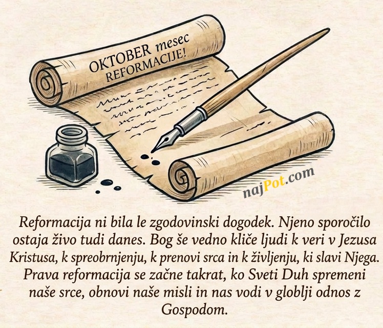 Besedilo o reformaciji na rolani pergamentni foliji z nalivnim peresom in črnilom.