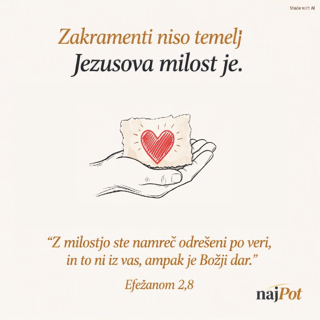 Ilustracija roke, ki drži papirnato srce, obkroženo s svetlobo, z besedilom o Božji milosti in zakramentih.