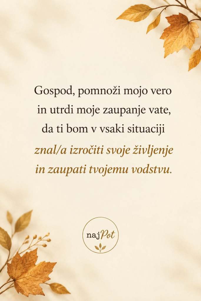 Besedilo molitve na kremni podlagi z jesenskimi listi.