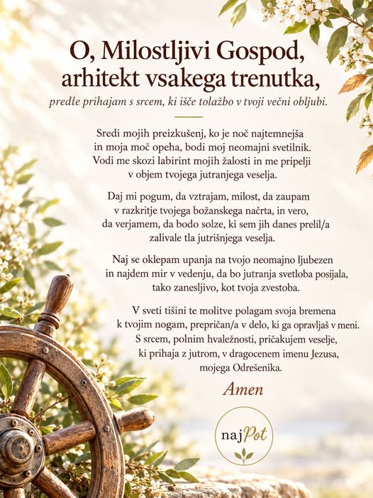 Besedilo molitve z naravno ozadje in okrasno kolo, ki simbolizira smer in usmeritev v duhovnem iskanju.