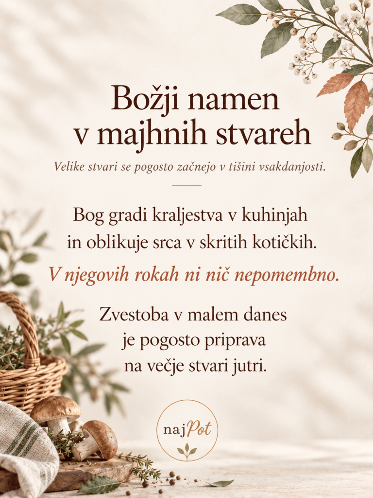 Besedilo z duhovno sporočilo o Božjem namenu v majhnih stvareh, s poudarkom na tišini vsakdanjosti. Uporabljene naravne motive in okrasne elemente, ki podpirajo temo.