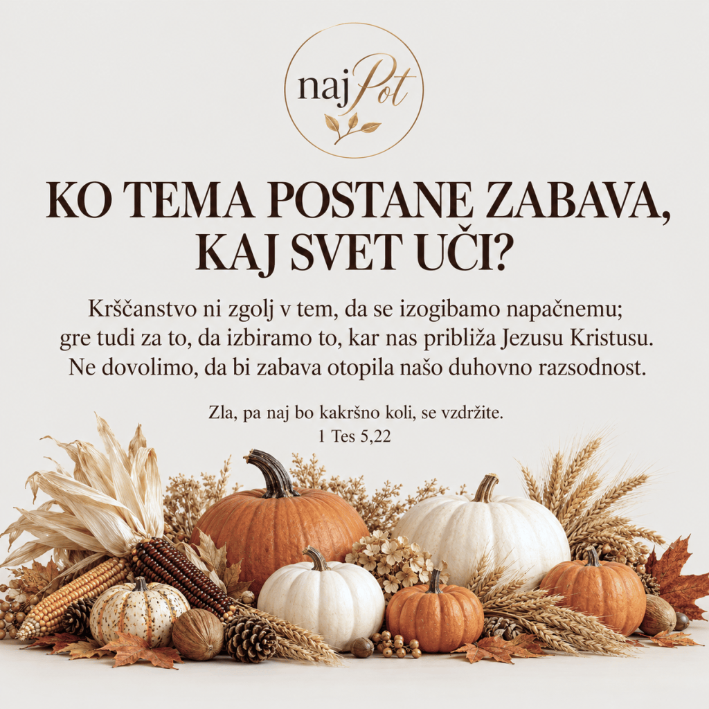 Besedilo o veri, z oranžnimi in belimi bučami ter dekorativnimi elementi v jesenskih barvah.